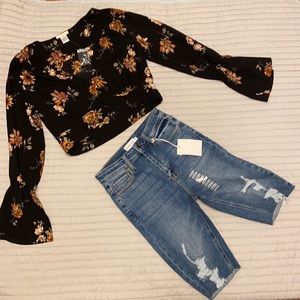 Crop Top blouse with Blue denim shorts